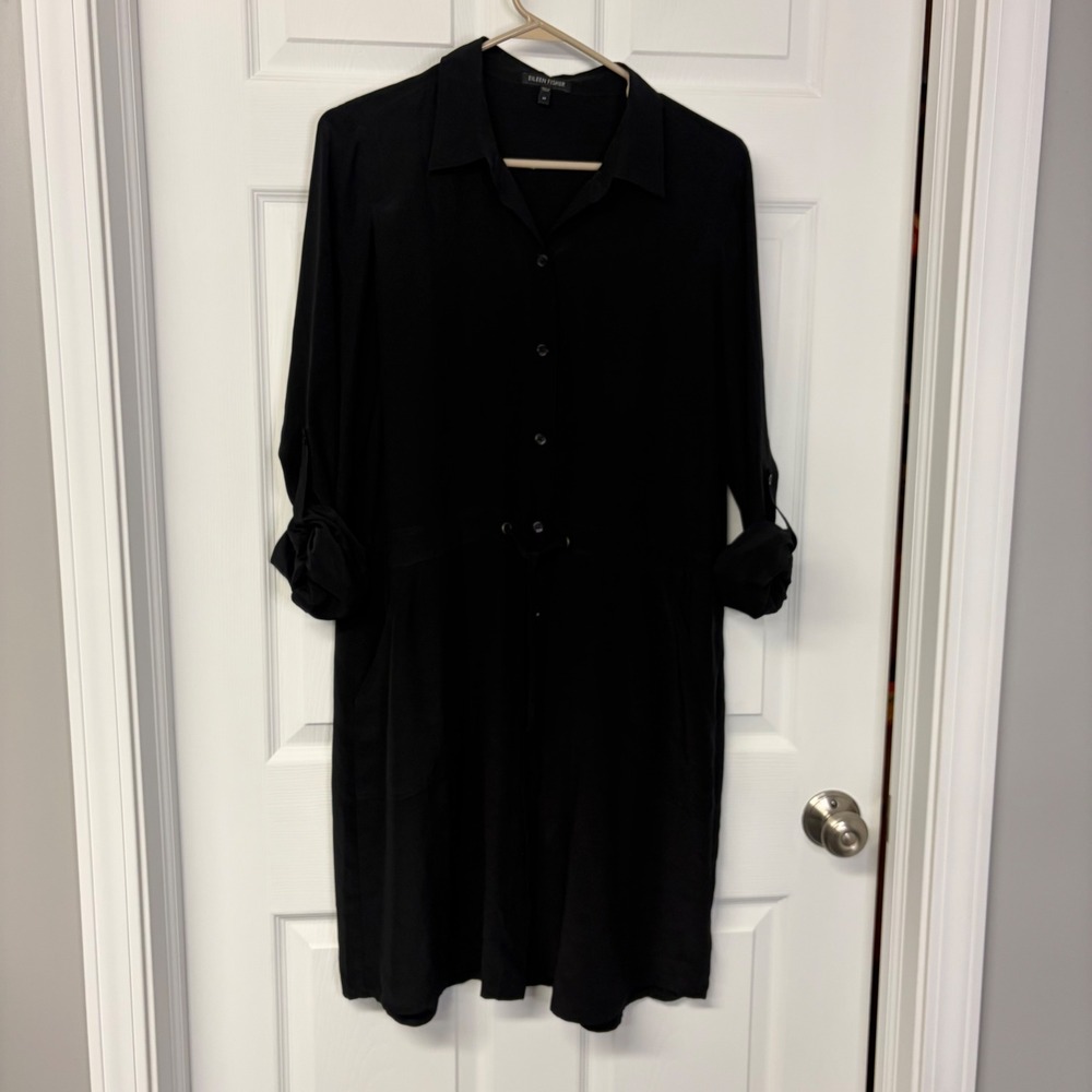 Eileen Fisher Black 100% Silk Button Front Drawstring Waist Shirt Dress Medium